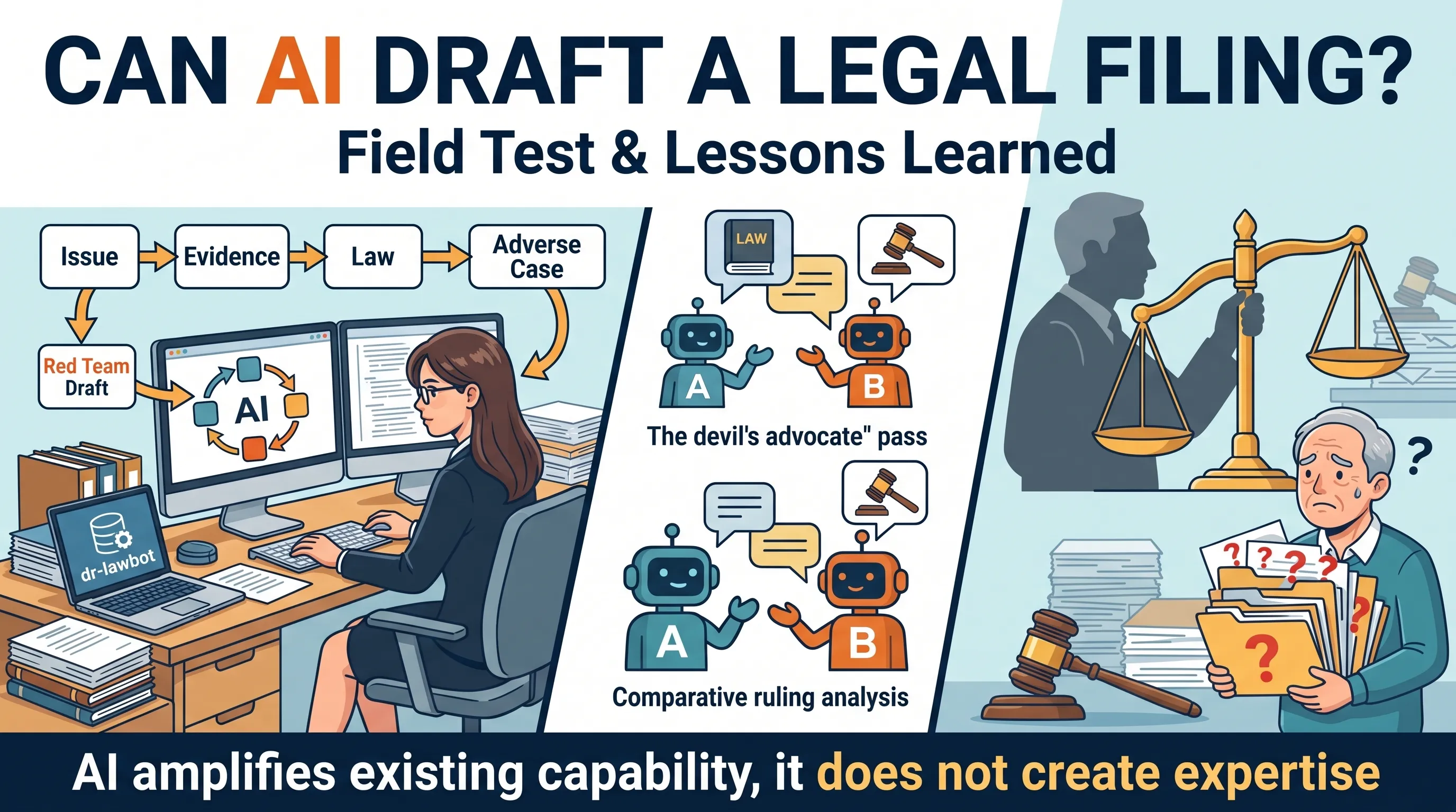 Infographic: Can AI draft a legal filing? Field test and lessons learned. AI amplifies existing capability, it does not create expertise.