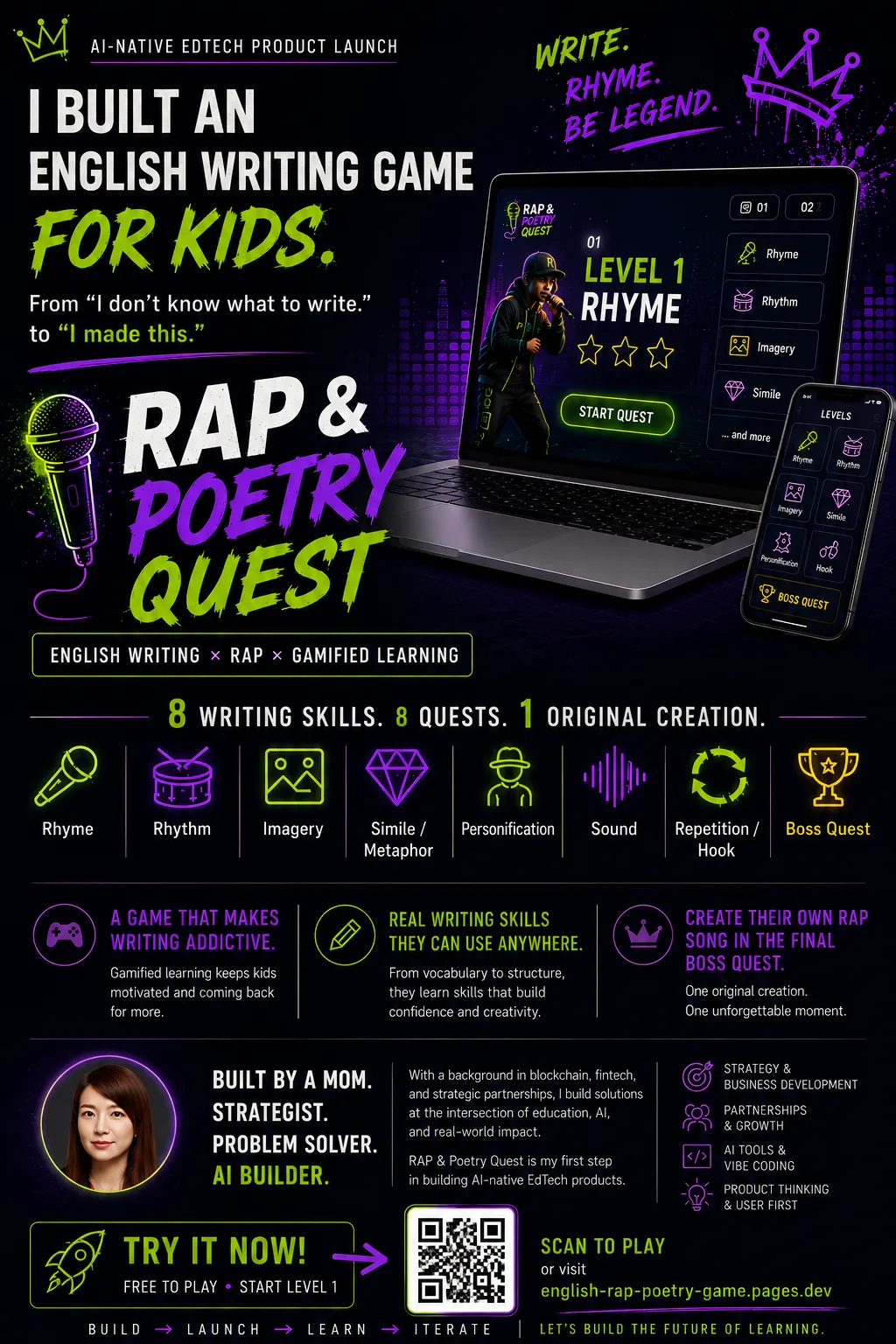 RAP and Poetry Quest launch poster with the eight writing quests and a QR code